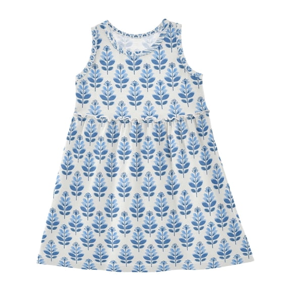 Girls Dress Minimalist Blue Leaves Sleeveless Dress for Girls Hem A-Line Casual Sundress