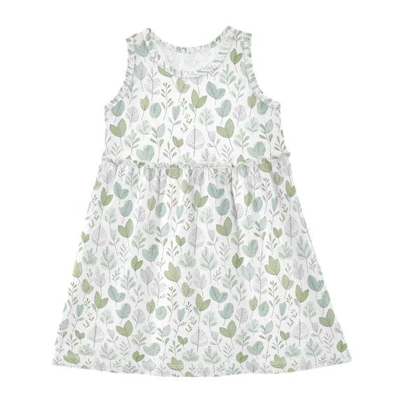 Girls Dress Minimalist Leaves and Branches Sleeveless Dress for Girls Hem A-Line Casual Sundress