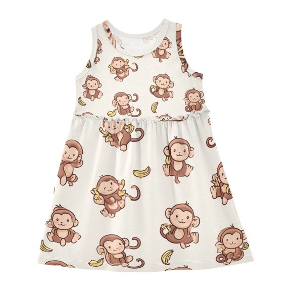Girls Dress Monkey and Banana Sleeveless Dress for Girls Hem A-Line Casual Sundress
