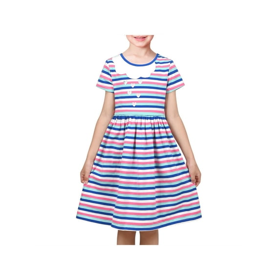 Girls Dress Multicolor Striped Glitter Heart Vintage Short Sleeve School 8 Years