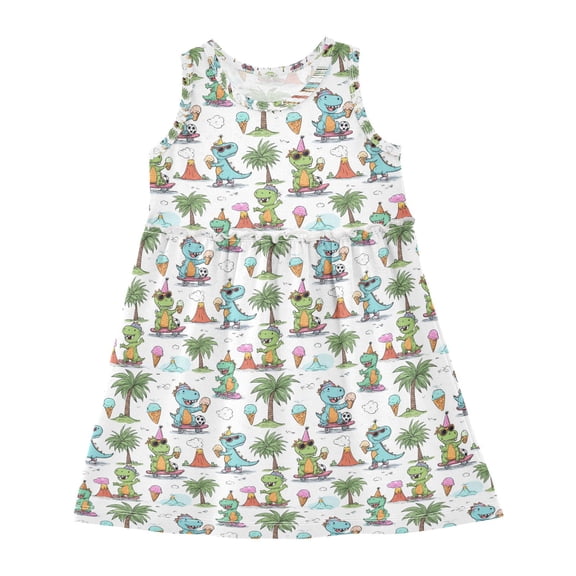 Girls Dress Naughty Dinosaur Sleeveless Dress for Girls Hem A-Line Casual Sundress