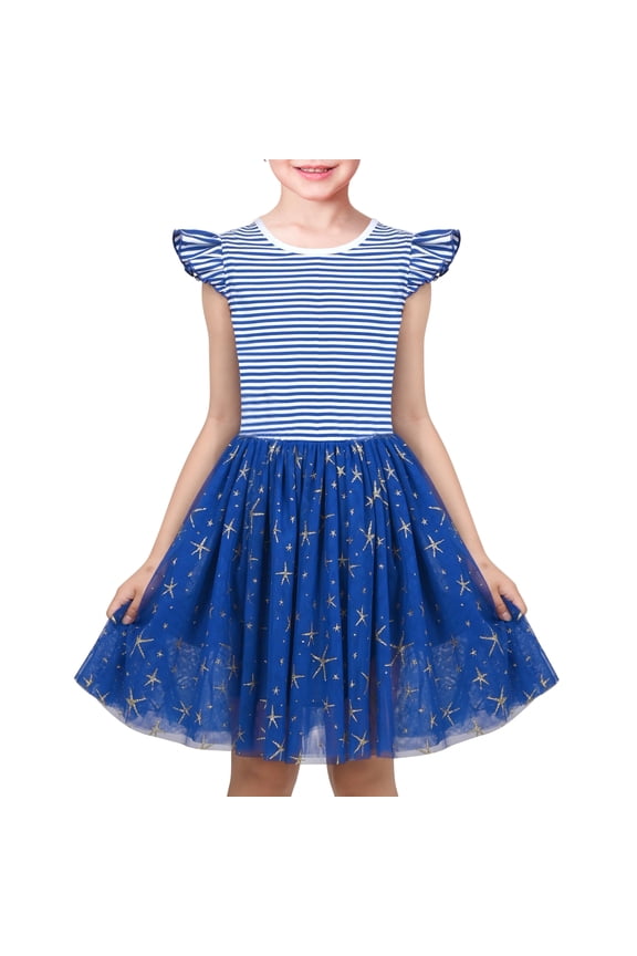 Girls Dress Navy Blue Striped Golden Star Ruffle Tulle Summer Casual 6 Years