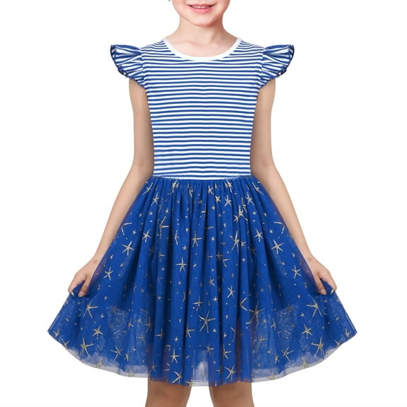 Girls Dress Navy Blue Striped Golden Star Ruffle Tulle Summer Casual 7 Years