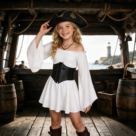 Girls Dress Off Shoulder Sleeve Outfit For Halloween(White,11-12 Years)