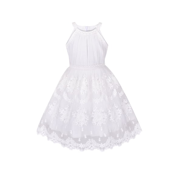 Girls Dress Off White Embroidered Flower Halter Dress Wedding Party 12 Years