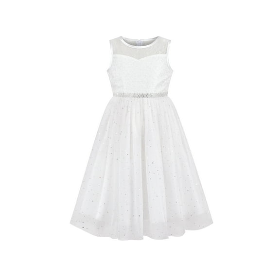 Girls Dress Off White Silver Sequin Star Diamond Waist Wedding Party 7 Years