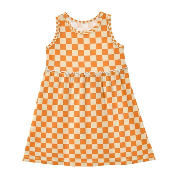 Girls Dress Orange Yellow Checked Sleeveless Dress for Girls Hem A-Line Casual Sundress
