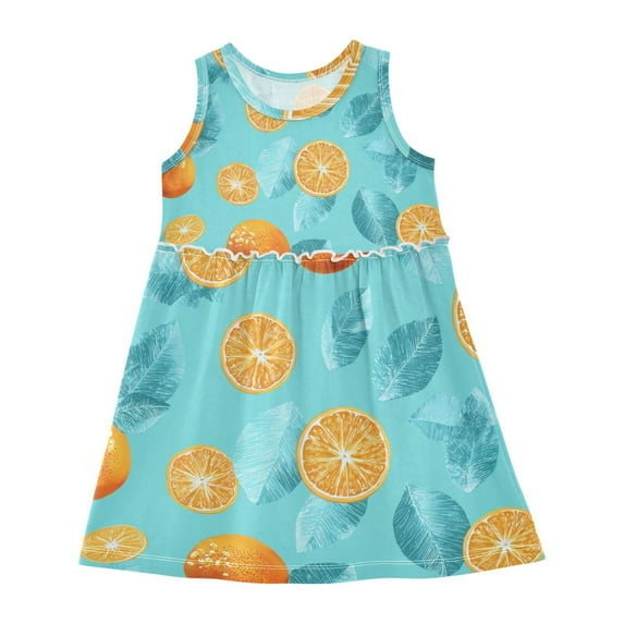 Girls Dress Orange and Mint Leaves Sleeveless Dress for Girls Hem A-Line Casual Sundress