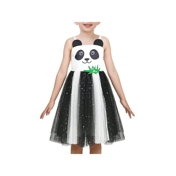 Girls Dress Panda Bamboo Animal White Black Tulle Sequin Strap Sundress 3 Years