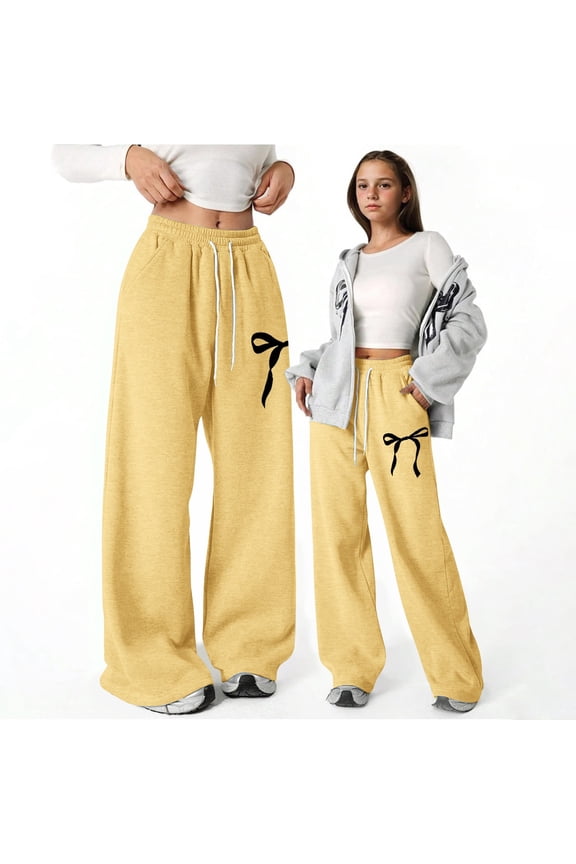 Girls Dress Pants with Bow Solid Wide Leg Palazzo Pants High Waisted Front Tie Elastic Waist Baggy Trousers Fall Clothes - White,12-13 Years