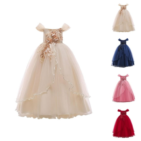 Girls Dress Party Dresses for Girls Kids Dress Princess Dress Line Shoulder Girl Performance Dress Long Pommel Dress Party