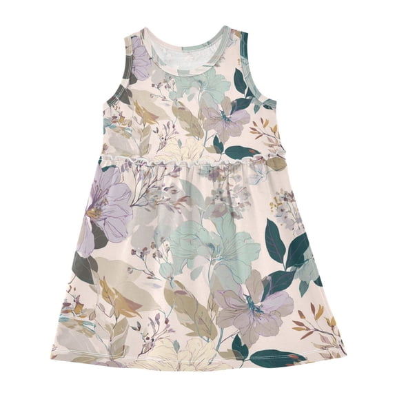 Girls Dress Pastel Flowers and Leaves Sleeveless Dress for Girls Hem A-Line Casual Sundress
