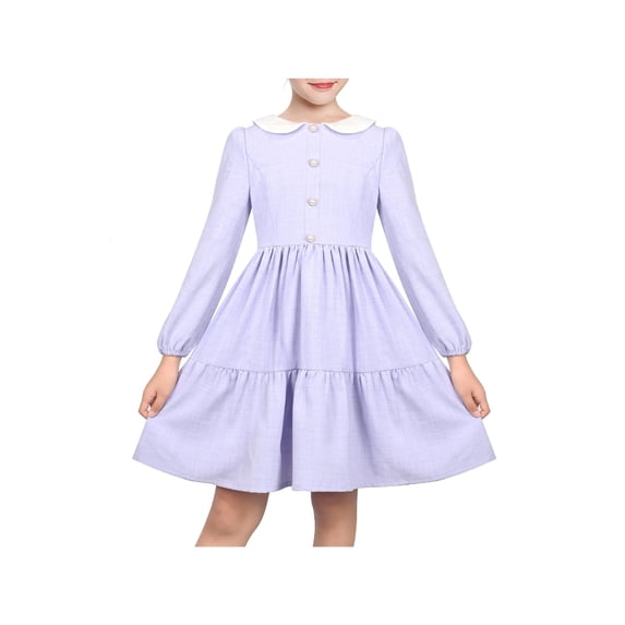 Sunny Fashion Girls Dress Pastel Lavender Pearl Button Long Puff Sleeve Vintage Family Soft Breathable 12 Years