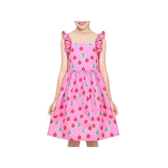 Girls Dress Pink Apple Fruit Printed Back To School Sundress Sleeveless 7 Years