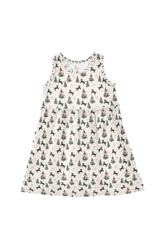Girls Dress Pink Bows Cats Christmas Tree Sleeveless Dress for Girls Hem A-Line Casual Sundress