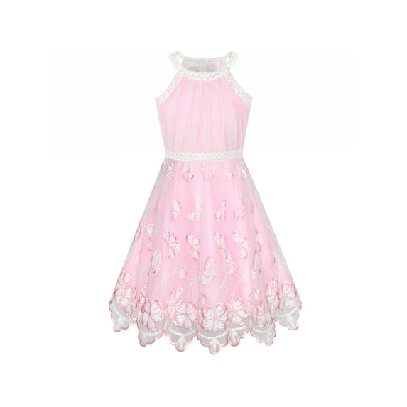 Girls Dress Pink Butterfly Embroidered Halter Dress Party 6 Years