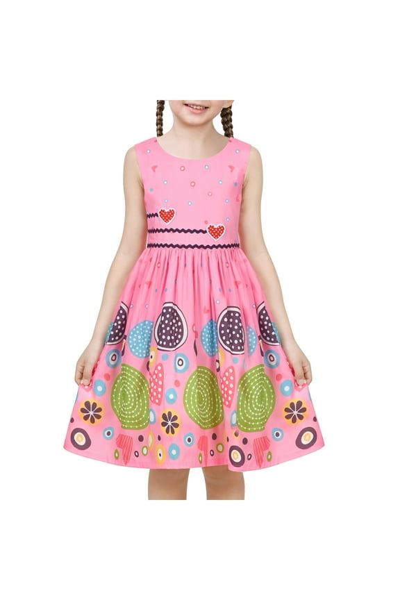 Girls Dress Pink Cartoon Flower Circle Dot Heart Colorful Spring Summer 11-12 Years