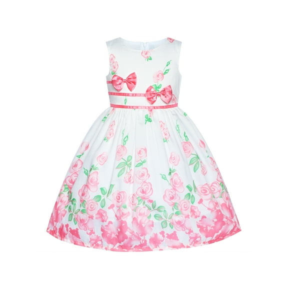 Girls Dress Pink Casual Rose Flower Double Bow Tie 7-8 Years