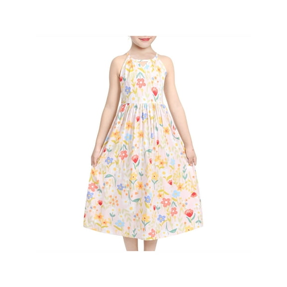 Girls Dress Pink Floral Halter Hollow Back Cotton Sleeveless Sundress 6 Years
