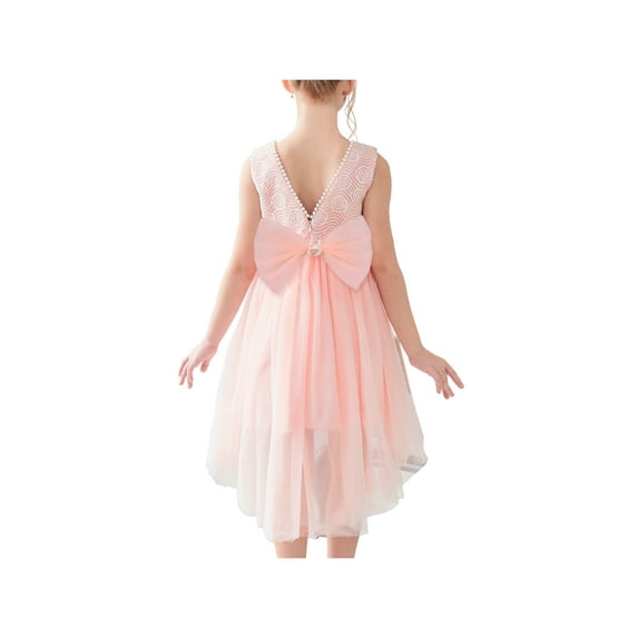 Girls Dress Pink Floral Lace Pearl V-back Bow Hi-lo Party Wedding Formal 10 Years