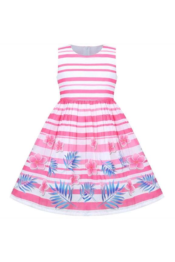 Girls Dress Pink Floral Leaf Striped Sleeveless Summer Sundress Cotton 11-12 Years