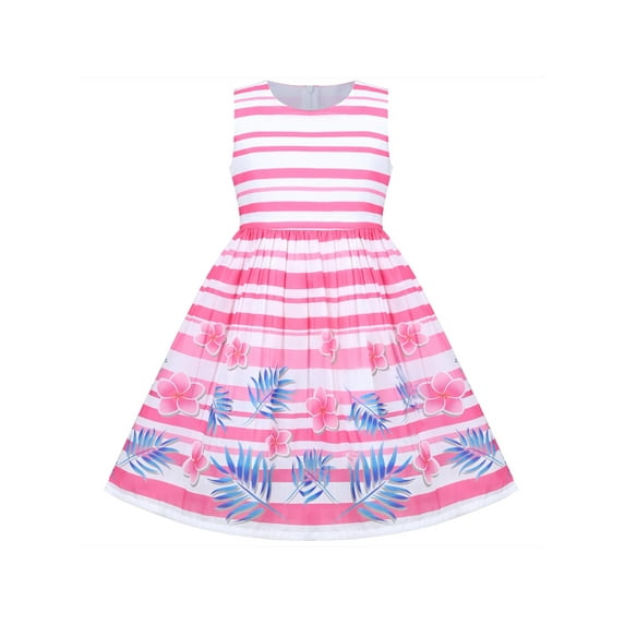 Girls Dress Pink Floral Leaf Striped Sleeveless Summer Sundress Cotton 9-10 Years