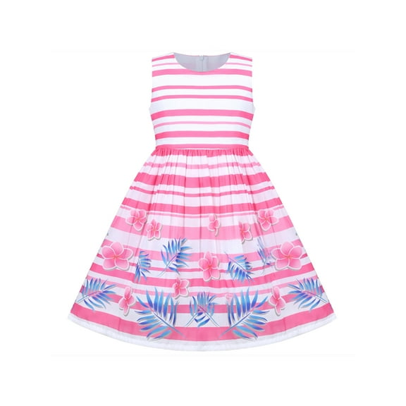 Girls Dress Pink Floral Leaf Striped Sleeveless Summer Sundress Cotton 9-10 Years