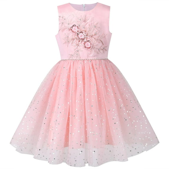 Girls Dress Pink Floral Star Pearl Sequin Glitter Tulle Party Gown 12 Years