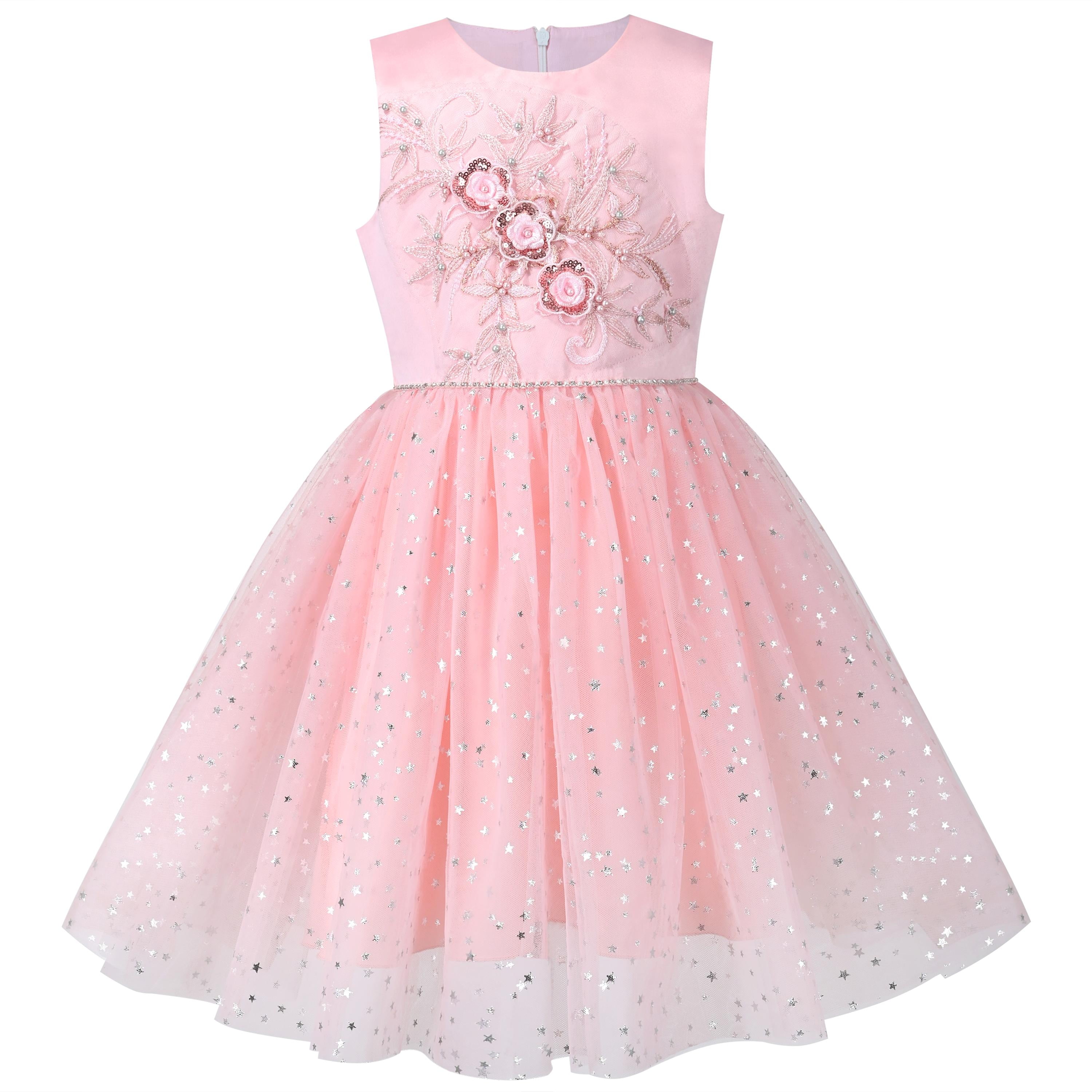 Girls Dress Pink Floral Star Pearl Sequin Glitter Tulle Party Gown 7 Years