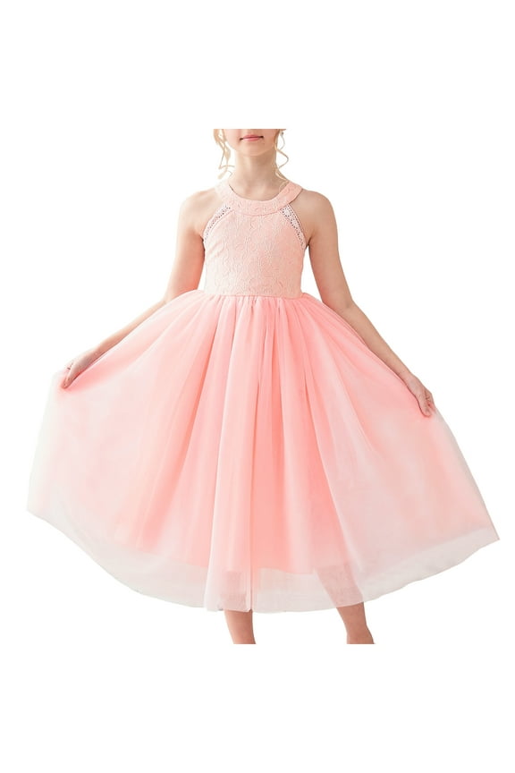 Girls Dress Pink Flower Lace Halter Princess Wedding Bridesmaid Tulle 12 Years
