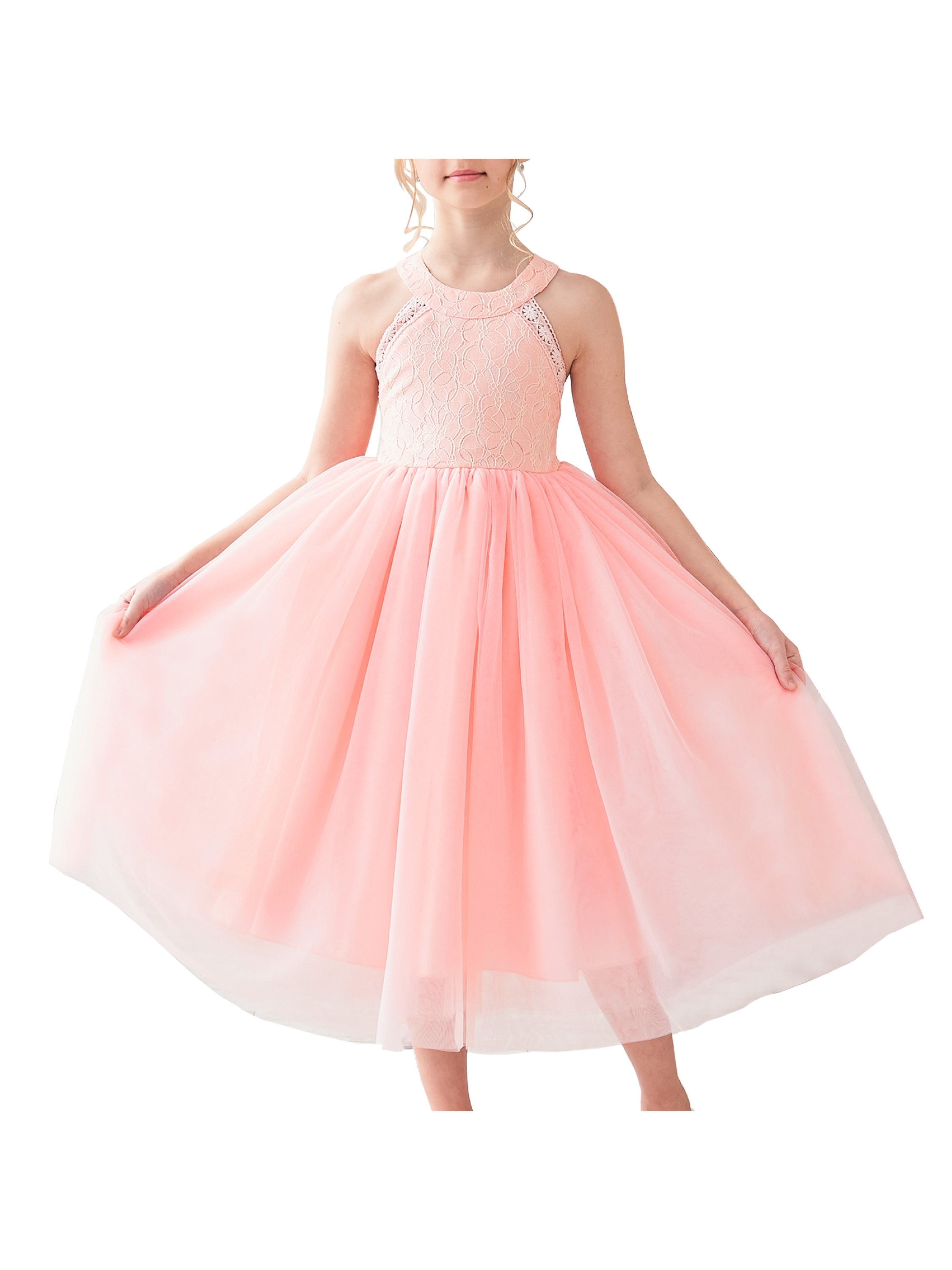 Girls Dress Pink Flower Lace Halter Princess Wedding Bridesmaid Tulle 12 Years