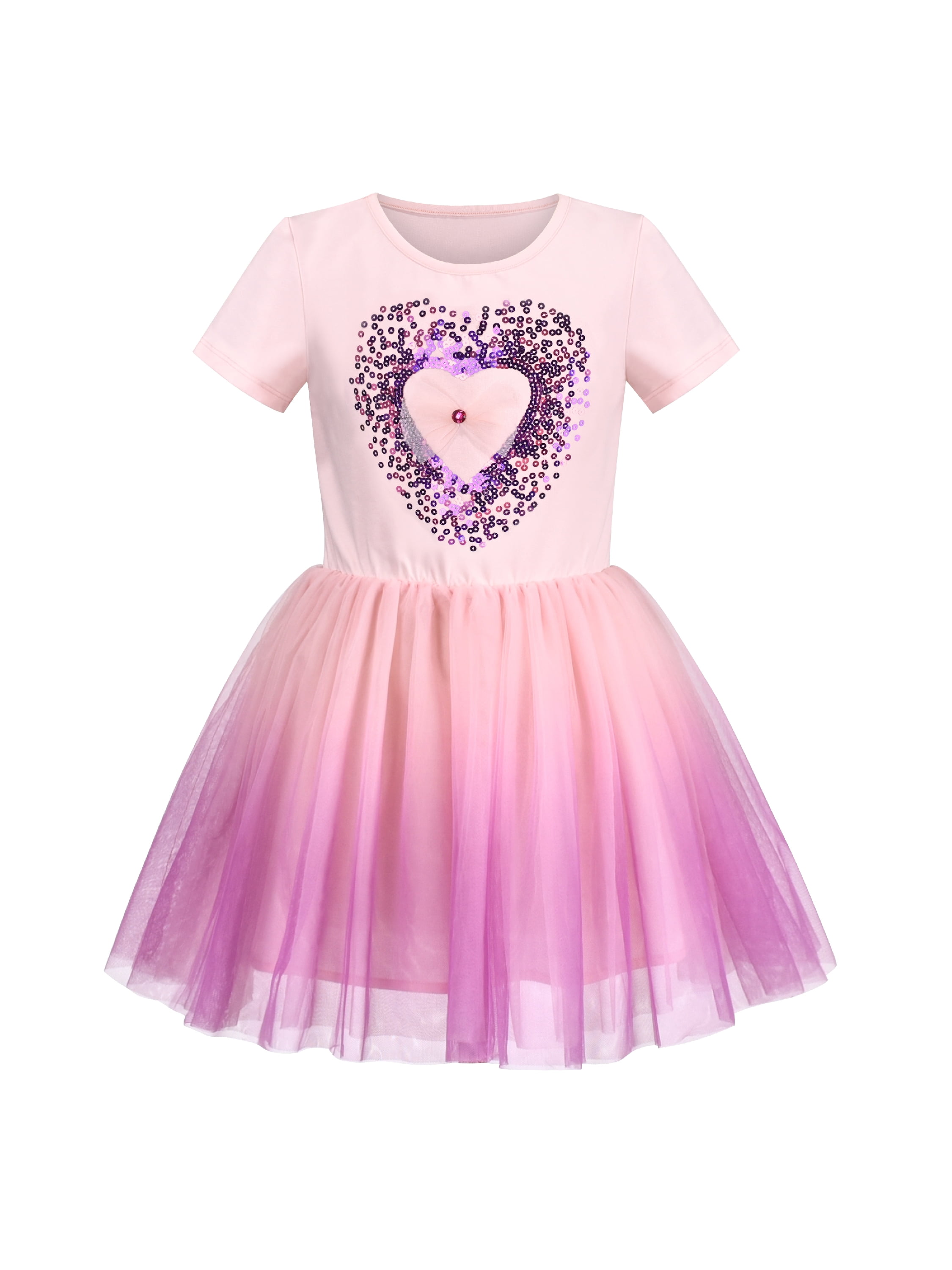 Girls Dress Pink Gradient Shiny Heart Sequin Tutu Valentine Short