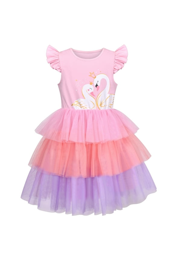 Girls Dress Pink Gradient Swan Flying Sleeve Tulle Party Princess 5 Years