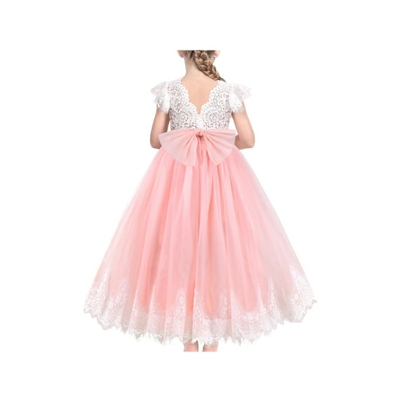 Girls Dress Pink Lace Pearl V-back Bow Tulle Wedding Bridesmaid 12 Years