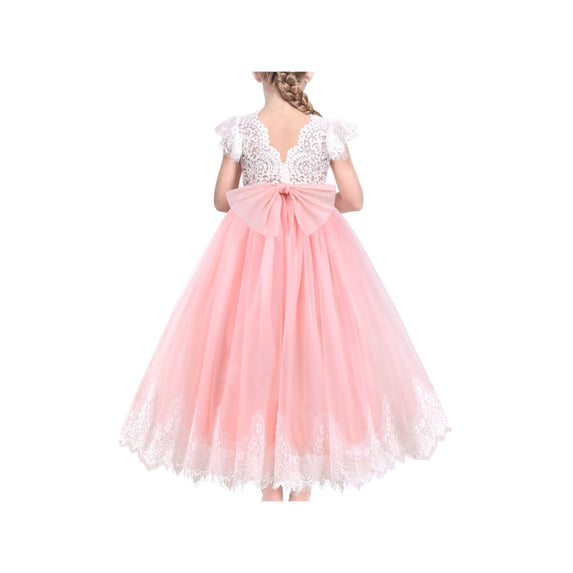 Girls Dress Pink Lace Pearl V-back Bow Tulle Wedding Bridesmaid 7 Years
