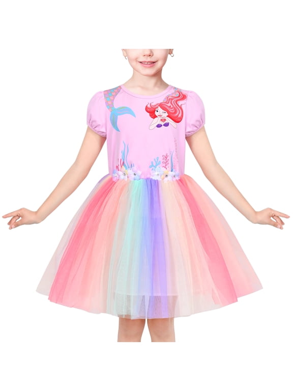 Girls Dress Pink Rainbow Mermaid Princess Puff Sleeve Tulle Casual 4 Years