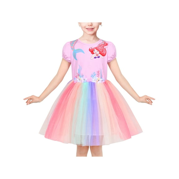 Girls Dress Pink Rainbow Mermaid Princess Puff Sleeve Tulle Casual 8 Years