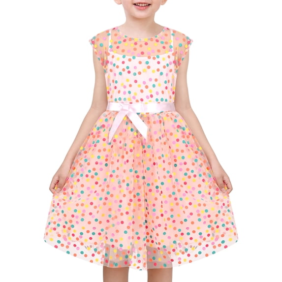 Girls Dress Pink Rainbow Polka Dot Pleated Tulle Party Gown Sleeveless 12 Years