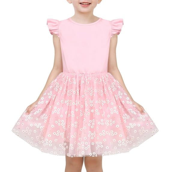 Girls Dress Pink Sequin Daisy Floral Princess Wedding Ruffle Sleeve Tulle 8 Years