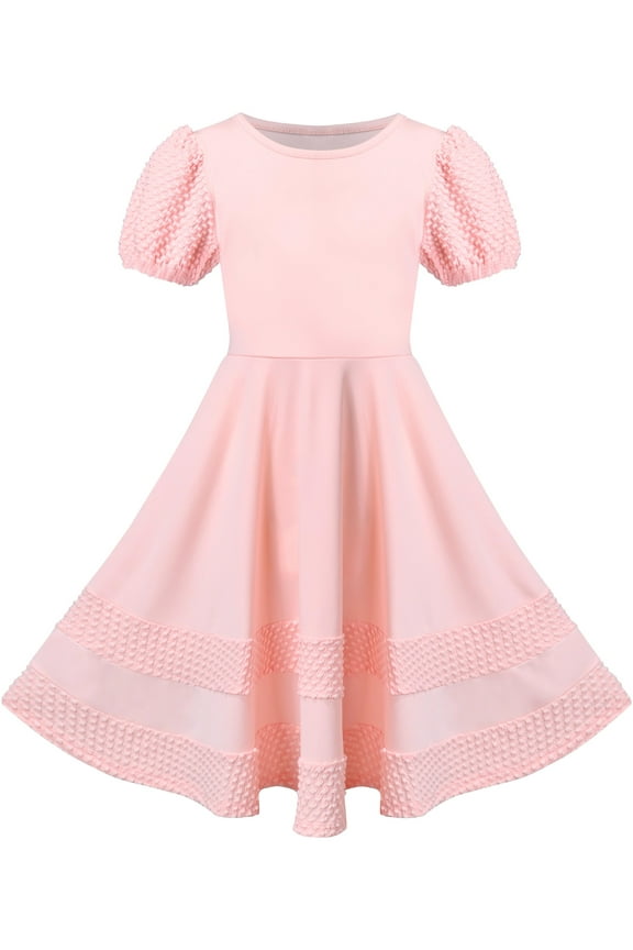 Girls Dress Pink Solid A-line Vintage Puff Sleeve Spring Summer 4 Years