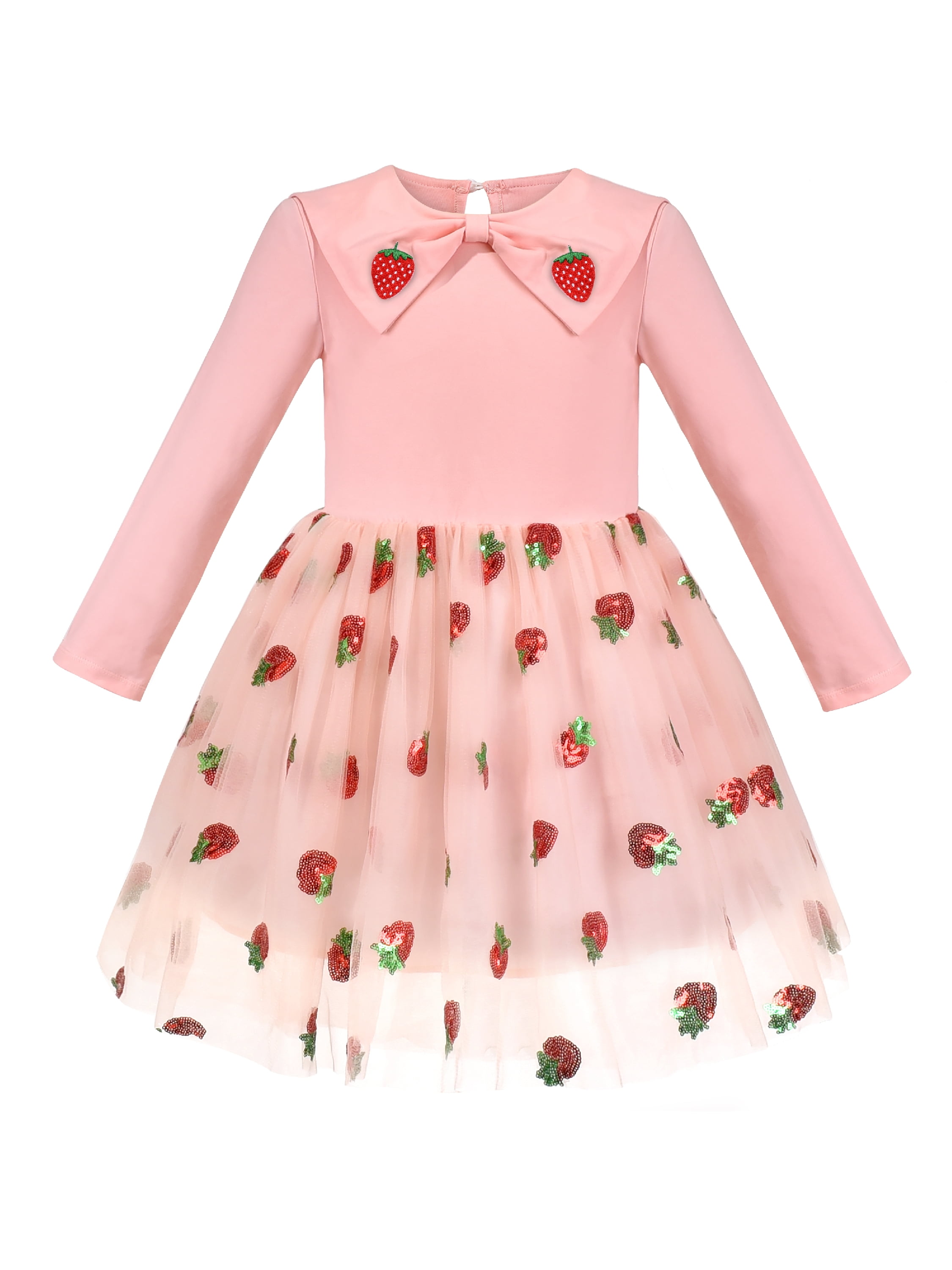 Girls Dress Pink Strawberry Sequin Skirt Applique Bow Long Sleeve 8 Years