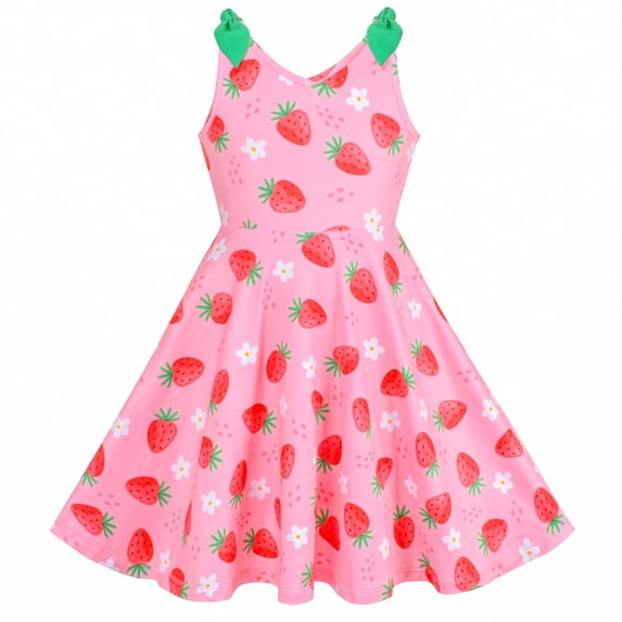 Sunny Fashion Girls Dress Pink Strawberry V-neck Sweet Summer Sleeveless Casual 4 Years