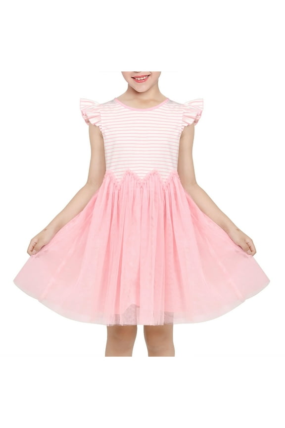 Girls Dress Pink Striped Crewneck Short Ruffle Sleeve Tulle Casual Cotton 5 Years