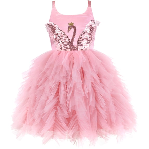 Sunny Fashion Girls Dress Pink Swan Sequin Halter Ruffle Backless Criss Cross Hollow 4 Years