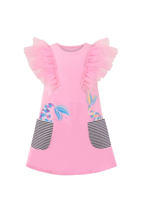 Girls Dress Pink T-shirt Pocket Mermaid Scale Ruffle Tulle Flutter Sleeve 5 Years