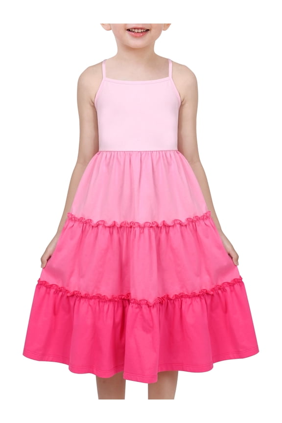 Girls Dress Pink Tiered Ruffle Pleated Sleeveless Princess Dance Prom 4 Years