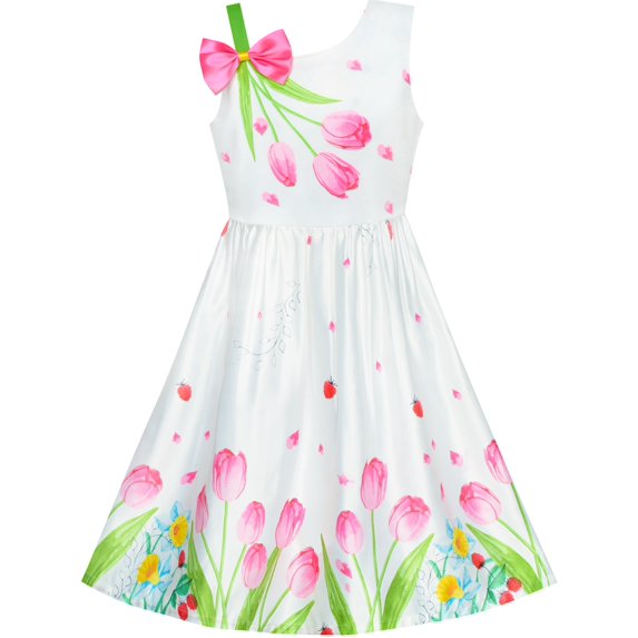 Girls Dress Pink Tulip Flower Bow Tie One Shoulder 6 Years