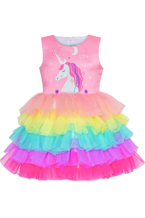 Girls Dress Pink Unicorn Ruffle Rainbow Cake Skirt 4 Years