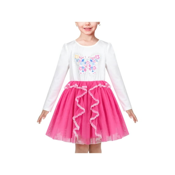 Girls Dress Pink White Tee Butterfly Floral Cute Lace Trim Tulle 8 Years