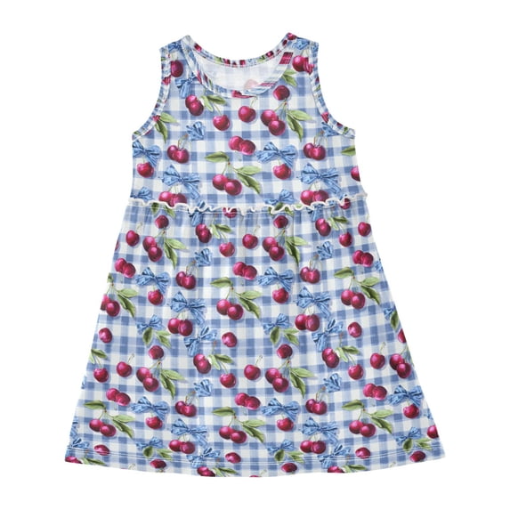 Girls Dress Plaid Bow Cherry Sleeveless Dress for Girls Hem A-Line Casual Sundress